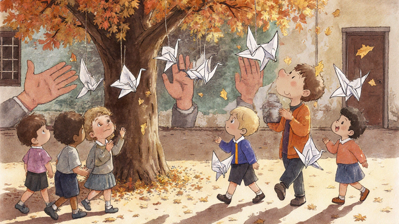 Дети вешают бумажных журавликов на дерево в саду, осенние листья кружатся вокруг.