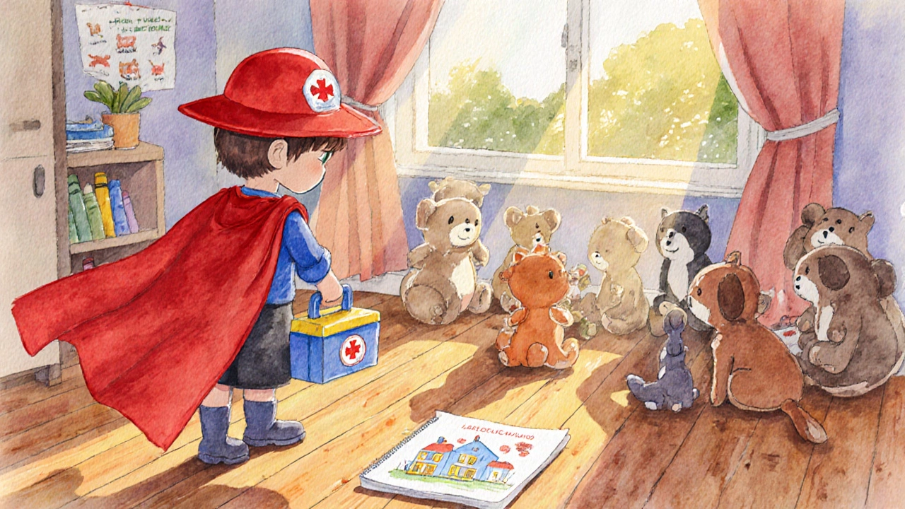 Дома ребёнок играет в «Садового героя» в плаще, вокруг плюшевые друзья.