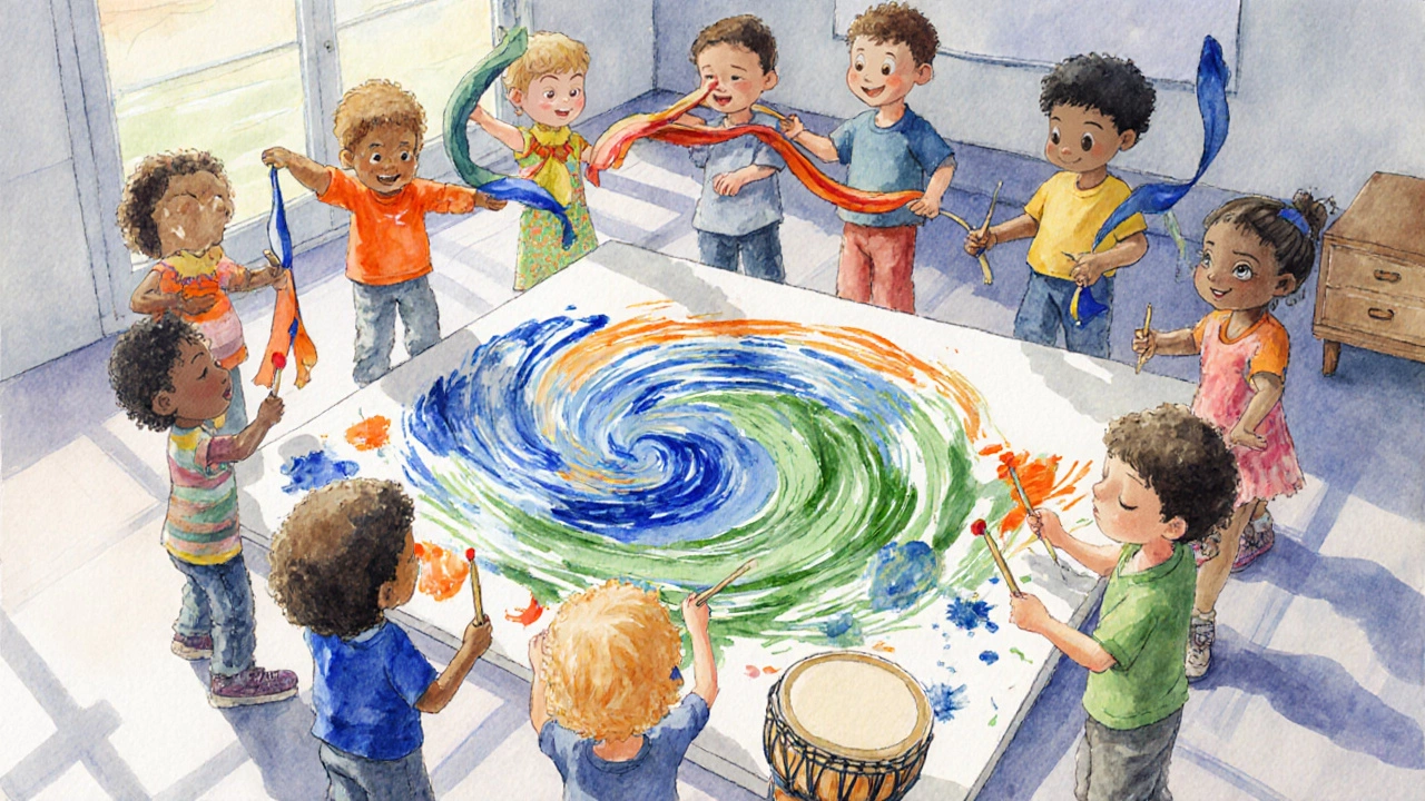 Группа детей совместно рисует, бьёт в барабаны и танцует в студии, создавая яркую картину.