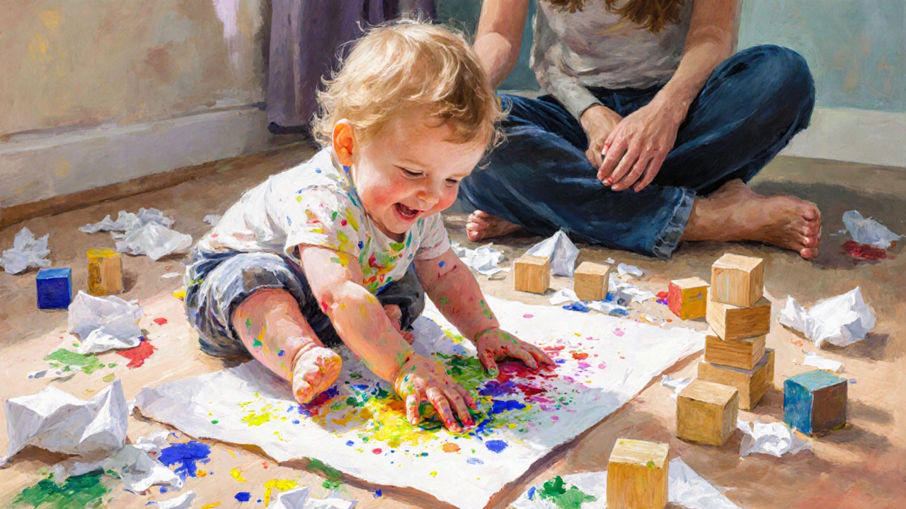 Малыш рисует пальчиковыми красками на полу, вокруг — разбросанные игрушки.