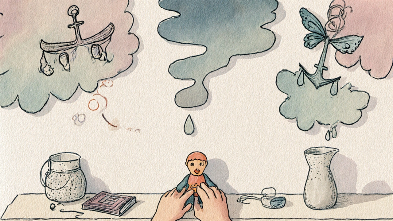 Ребёнок кладёт игрушку на полку, над ней — эмоции, превращающиеся в бабочек.