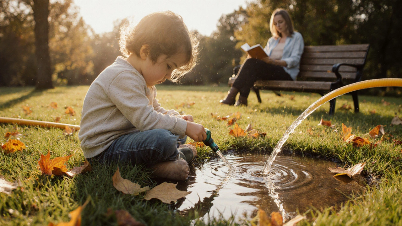 Ребёнок наблюдает, как вода капает из шланга в лужу, листья падают вокруг.