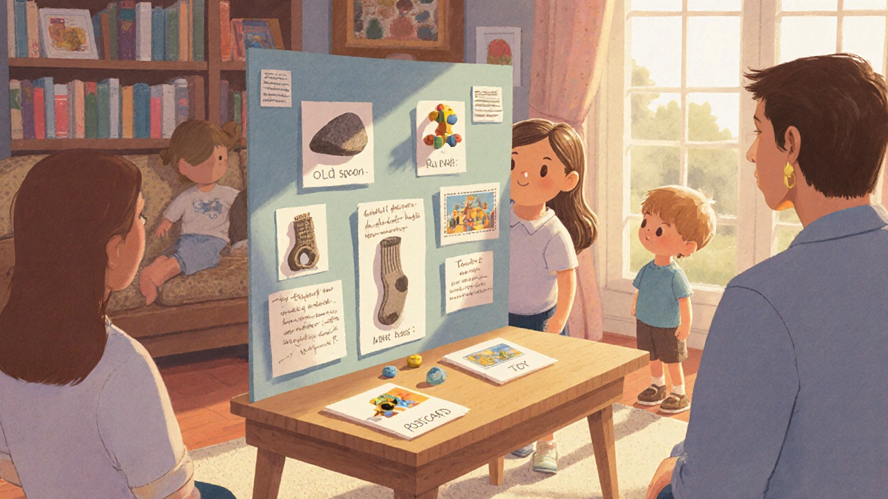 Ребёнок показывает домашний музей с найденными предметами, родители слушают его рассказ.