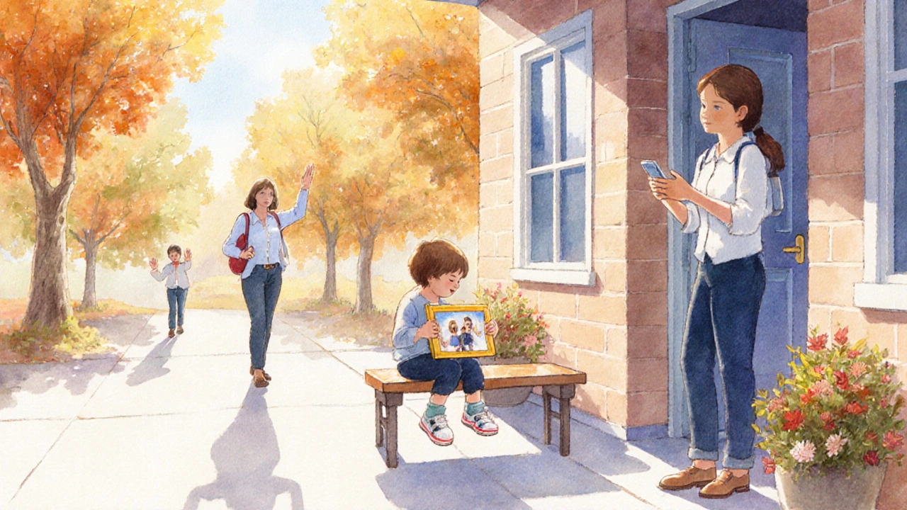 Ребёнок с фото сидит на лавочке у сада, воспитатель рядом, родитель вдали.