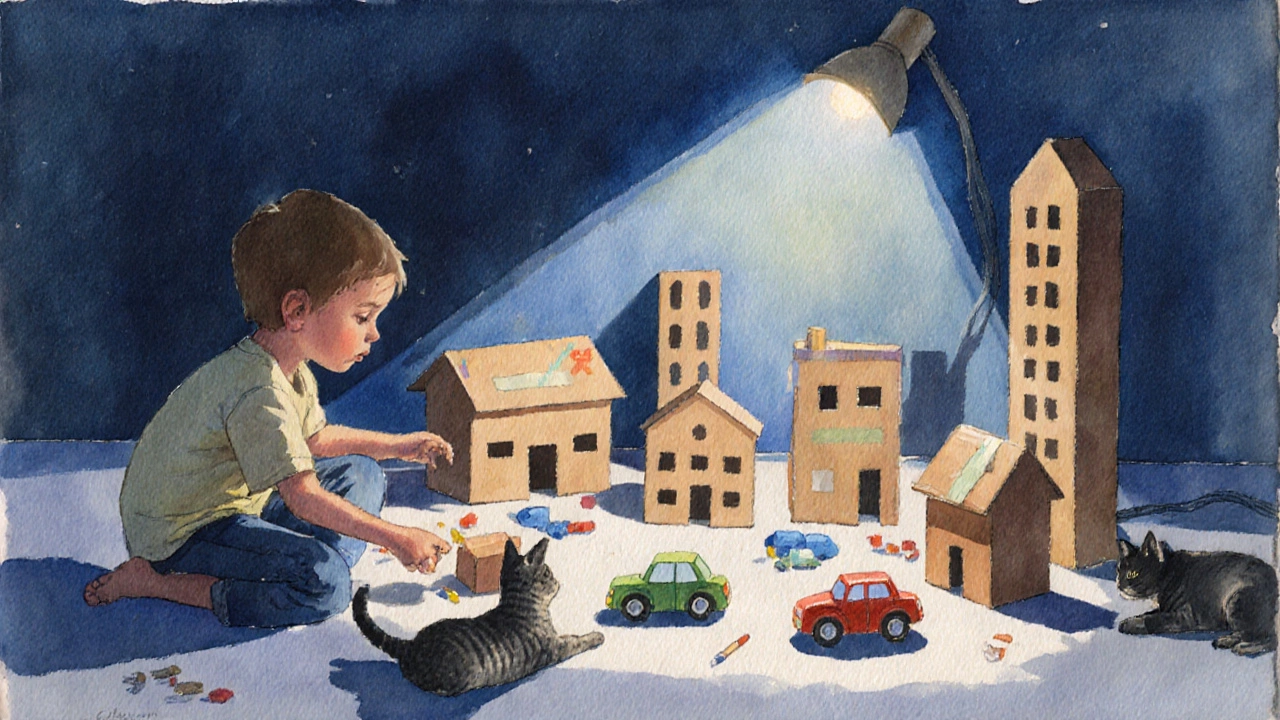 Ребёнок строит город из картонных коробок при ламповом свете, кошка спит рядом.