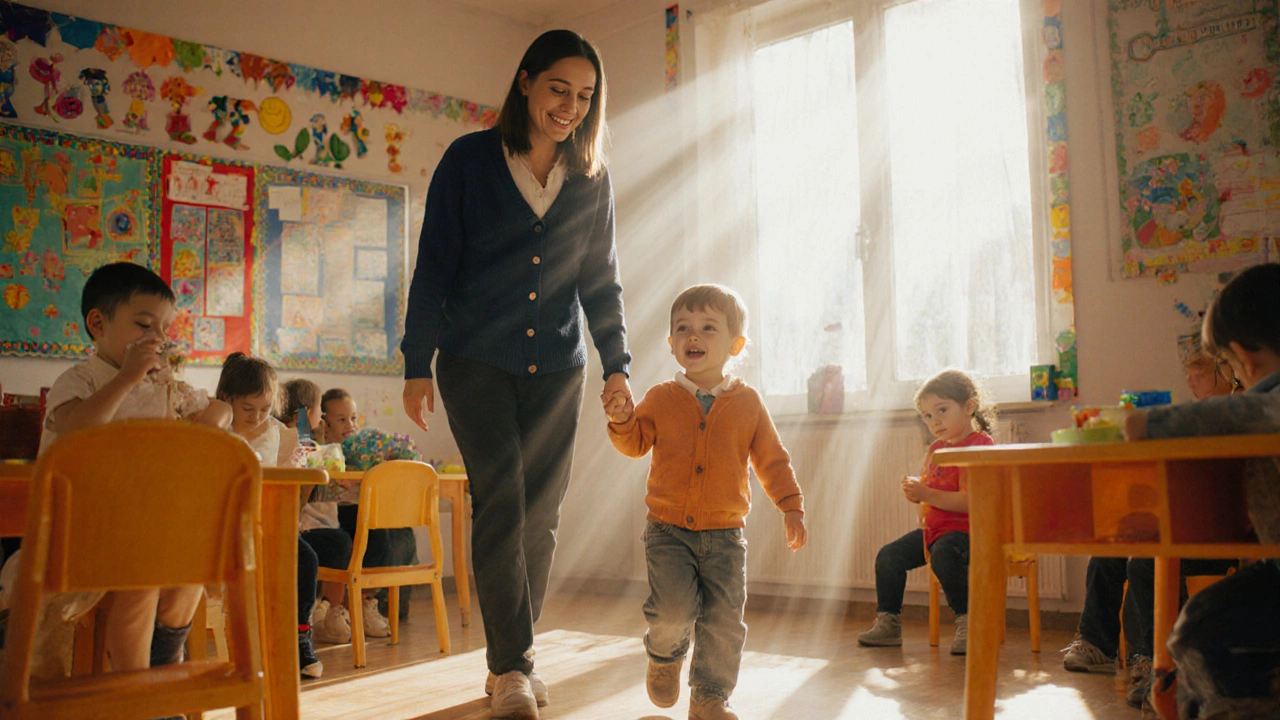Ребёнок уверенно входит в детский сад, держась за руку с улыбчивой воспитательницей.
