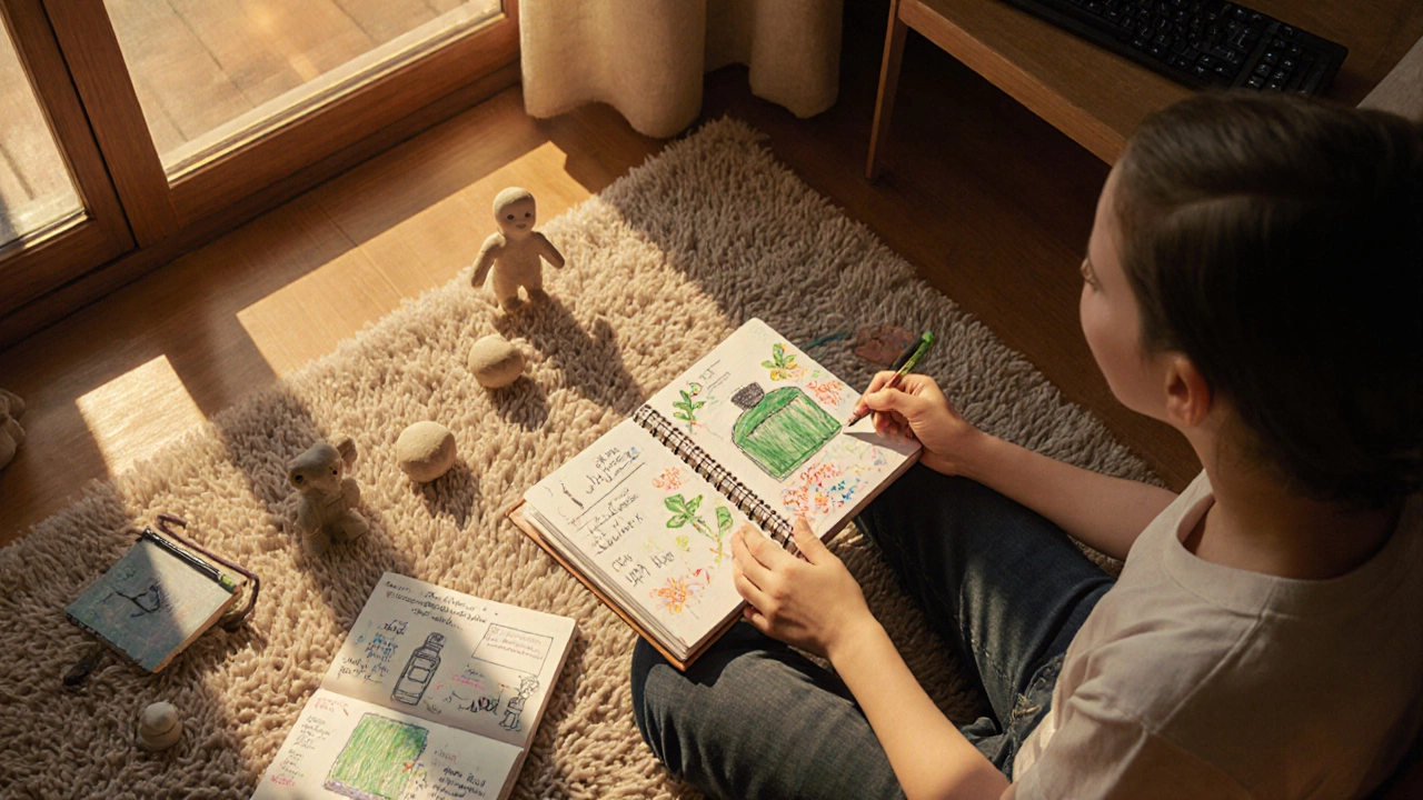 Родитель и ребёнок в уютном уголке дома рассматривают журнал творчества и поделки.