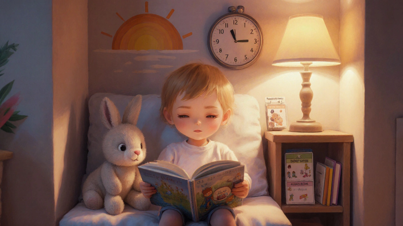 Счастливый ребёнок в саду, читающий книгу и играющий с плюшевой игрушкой, отражающий успешную адаптацию.