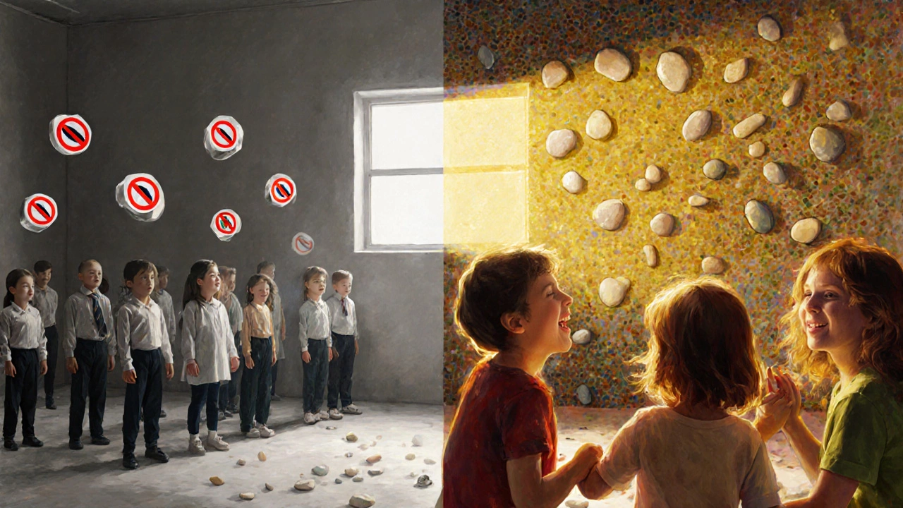 Слева — серые дети по правилам, справа — цветные дети в кругу с камнями, между ними свет.