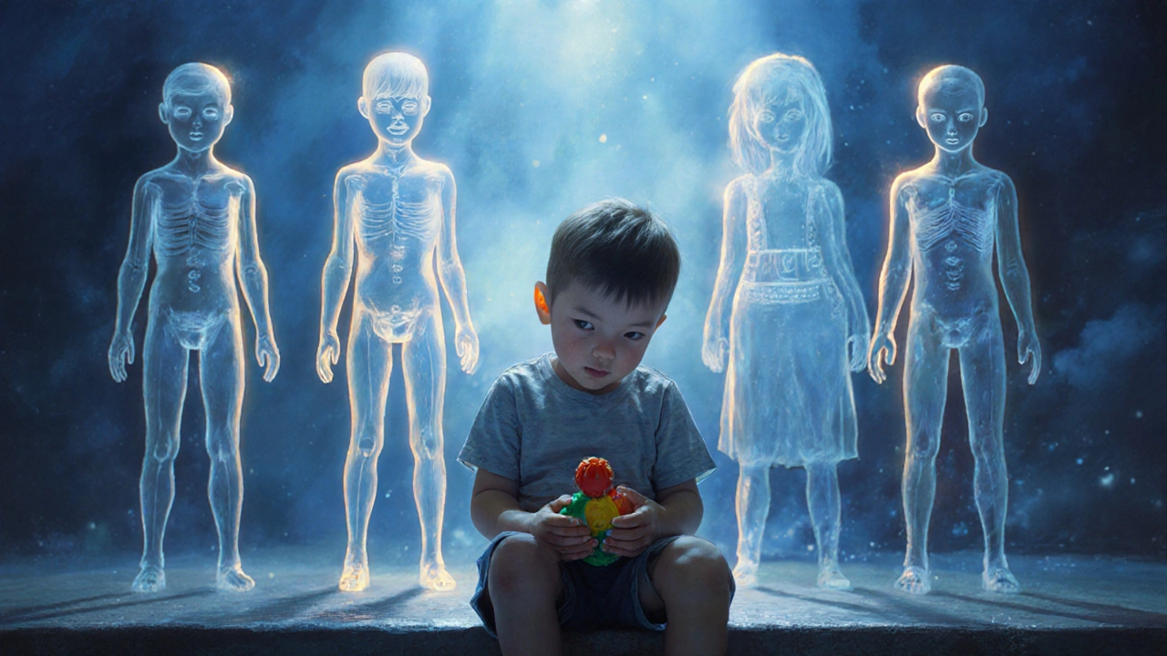 Четырехлетний ребенок сидит на ступеньке, вокруг него — прозрачные образы этапов понимания поведения.