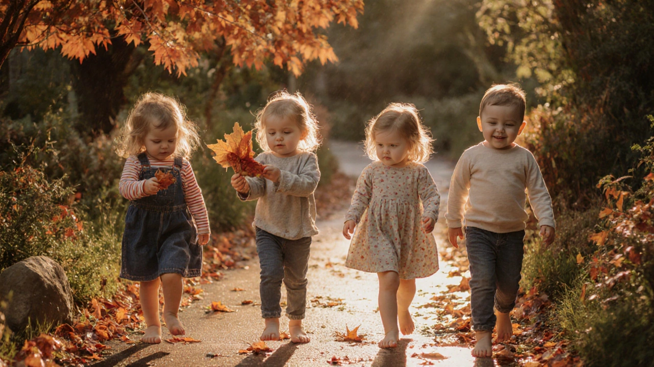 Дети босиком проходят по дорожке, ощущая листья, камень и звук дождя.