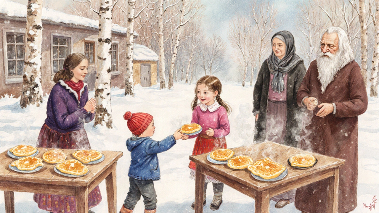 Дети и взрослые вместе едят блины на Масленицу в саду, снег на земле и берёзы вокруг.