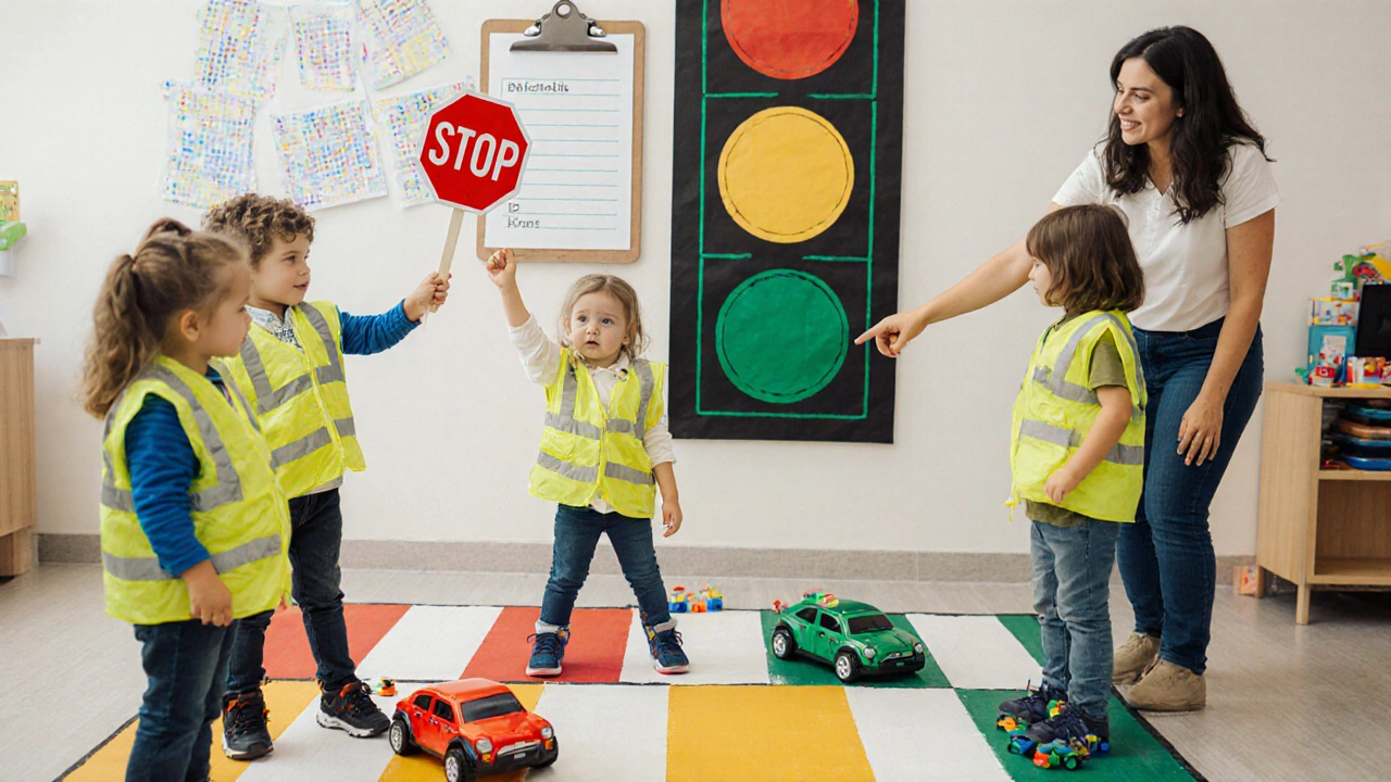 Дети играют в дорожную безопасность с игрушечными машинами и светофором.