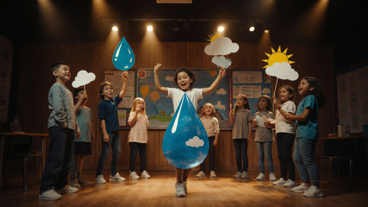 Дети разыгрывают спектакль о круговороте воды, танцуя и держа бумажные облака и солнце.