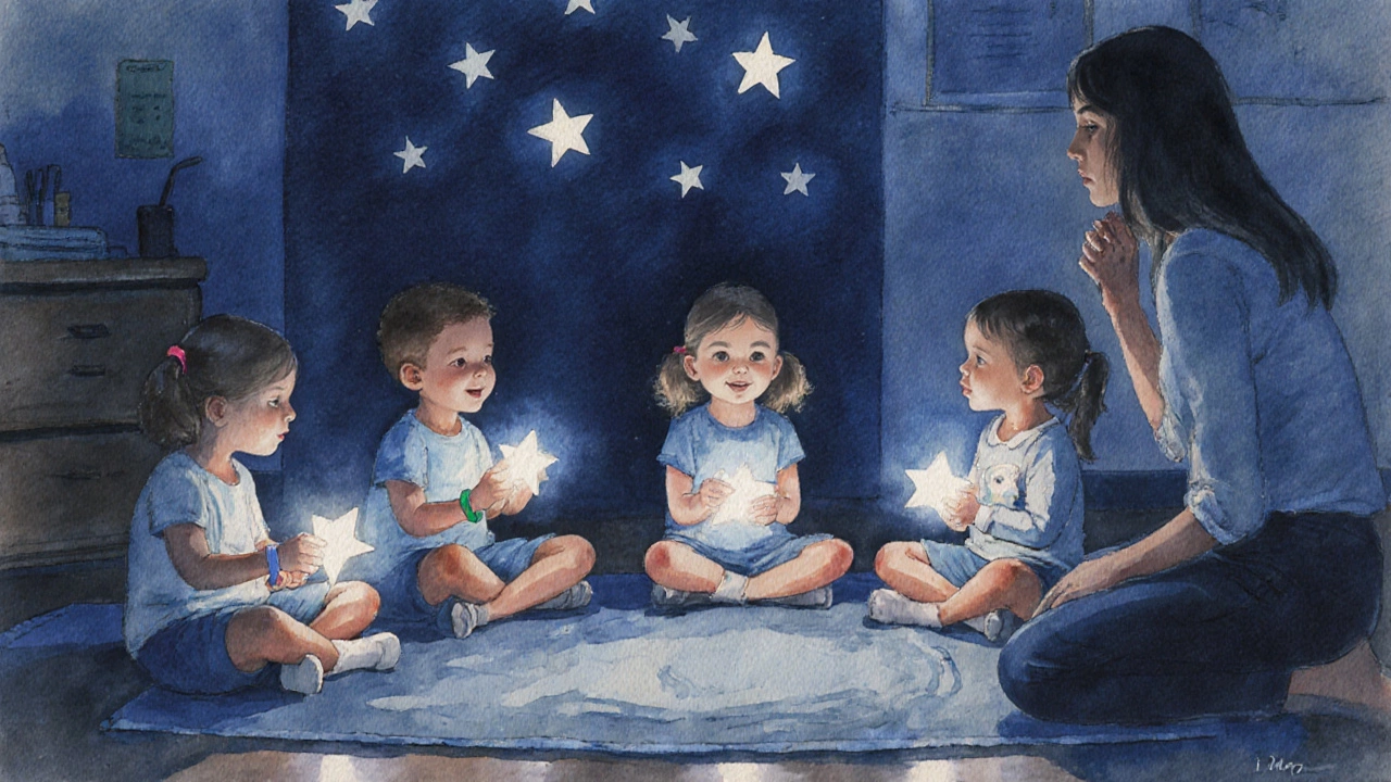 Дети сидят в кругу в темной группе, держат светящиеся браслеты, один говорит о своей звезде.