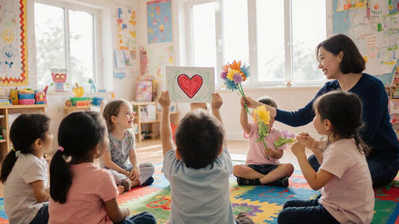 Дети в детском саду передают друг другу бумажные цветы в рамках ритуала доброты.