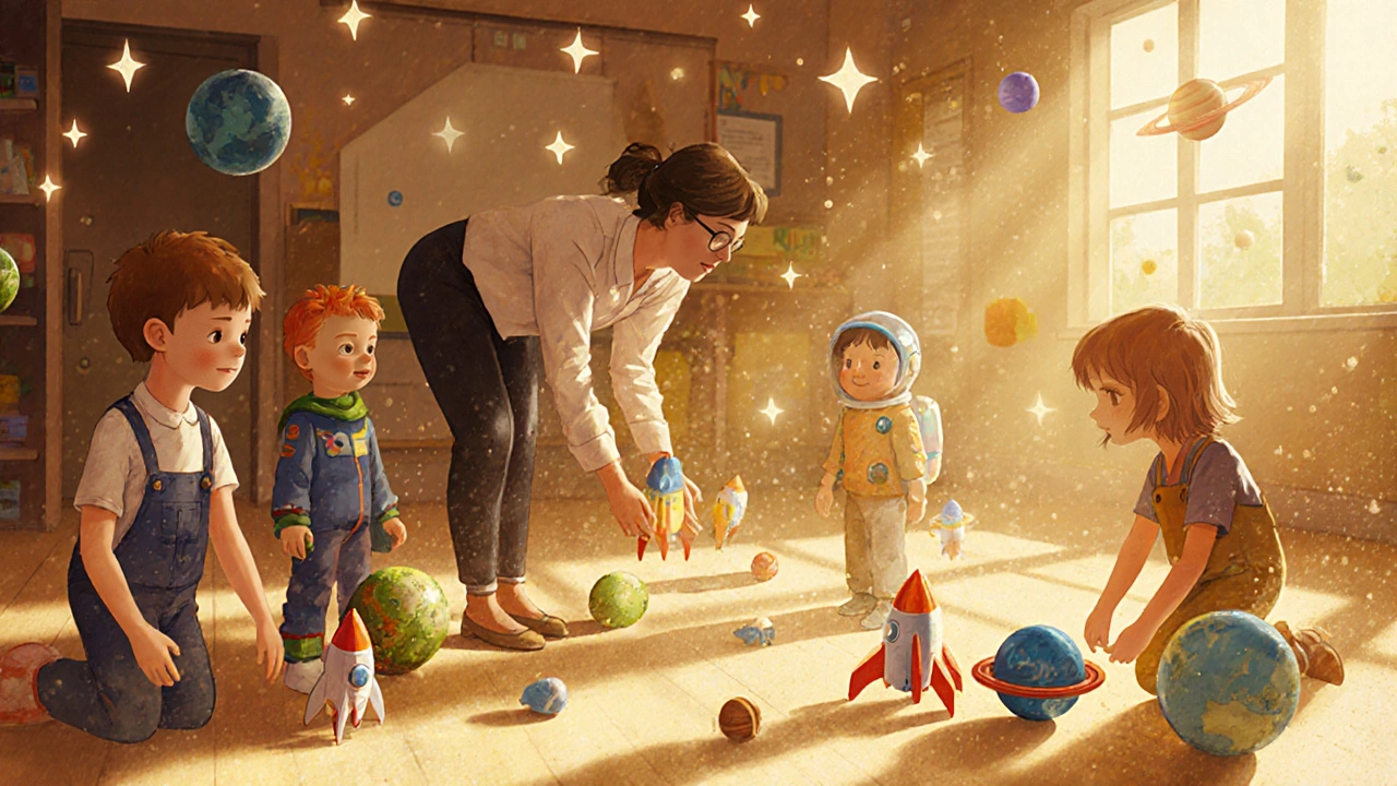 Дети в ролевых костюмах убирают игрушки как космические артефакты, воспитатель наблюдает с улыбкой.