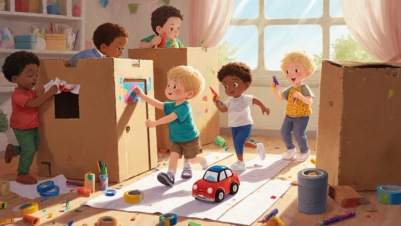 Дети вместе строят город из картонных коробок, рисуют двери и катают машинки по бумажной дороге.