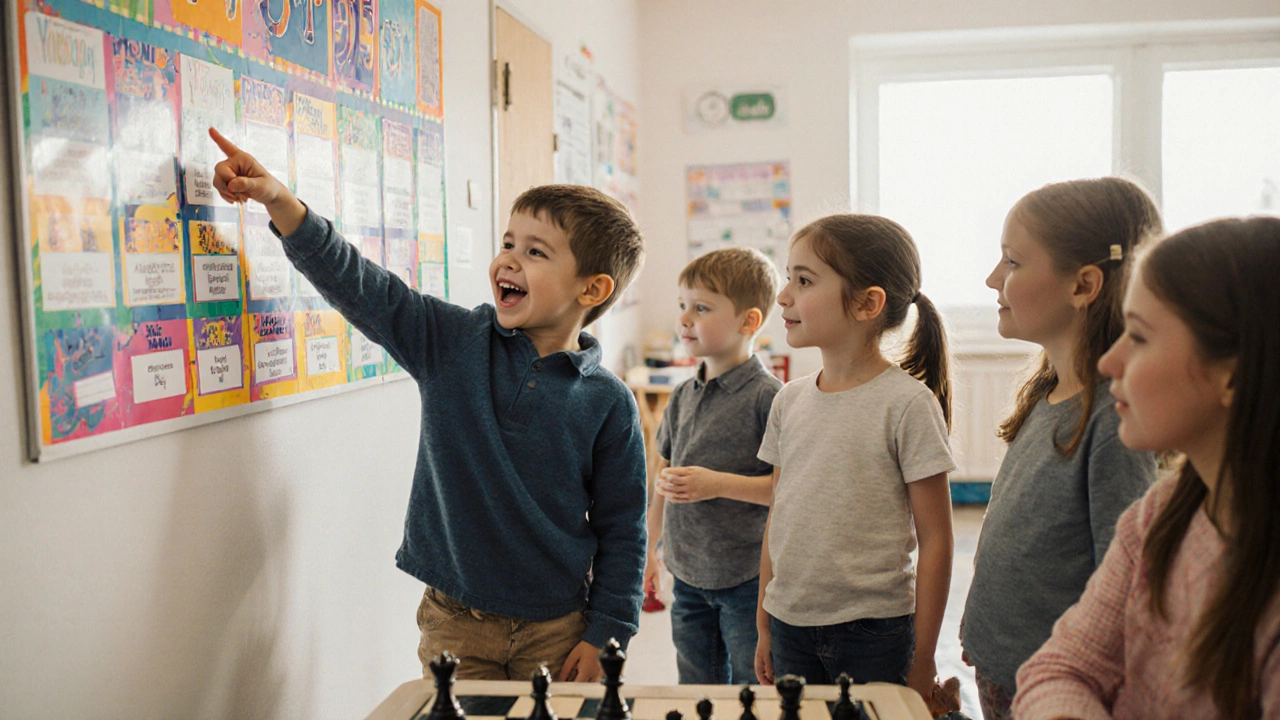 Дети выбирают занятия по расписанию в ярком классе, один указывает на театр.