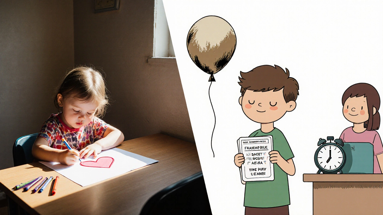 Два момента: ребёнок рисует с радостью и ребёнок учит правило — контраст эмоций и знаний.