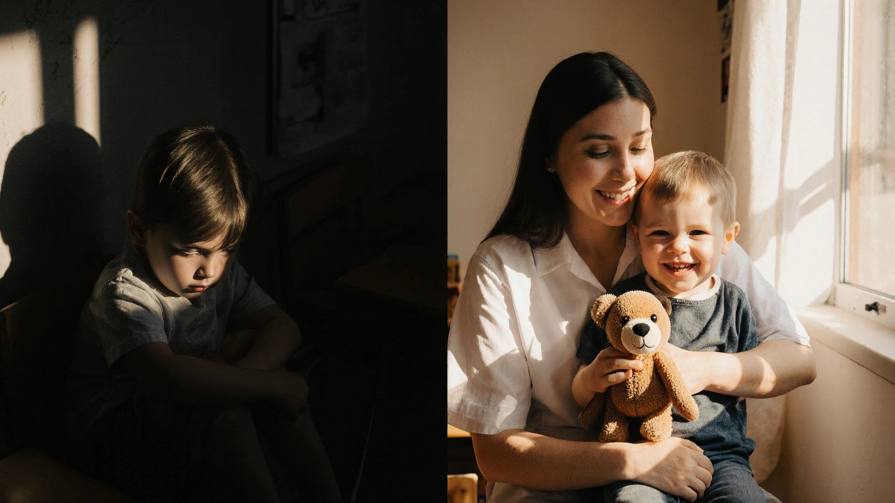 Два образа ребёнка: один одинокий в тени, другой в объятиях воспитателя при свете — выбор между страхом и безопасностью.