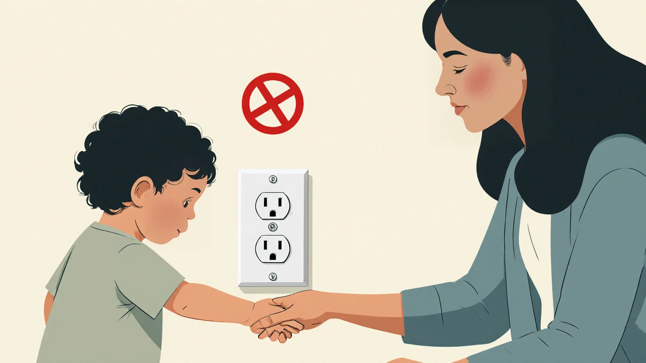 Двухлетний ребенок останавливается у розетки, родитель мягко отводит его руку.