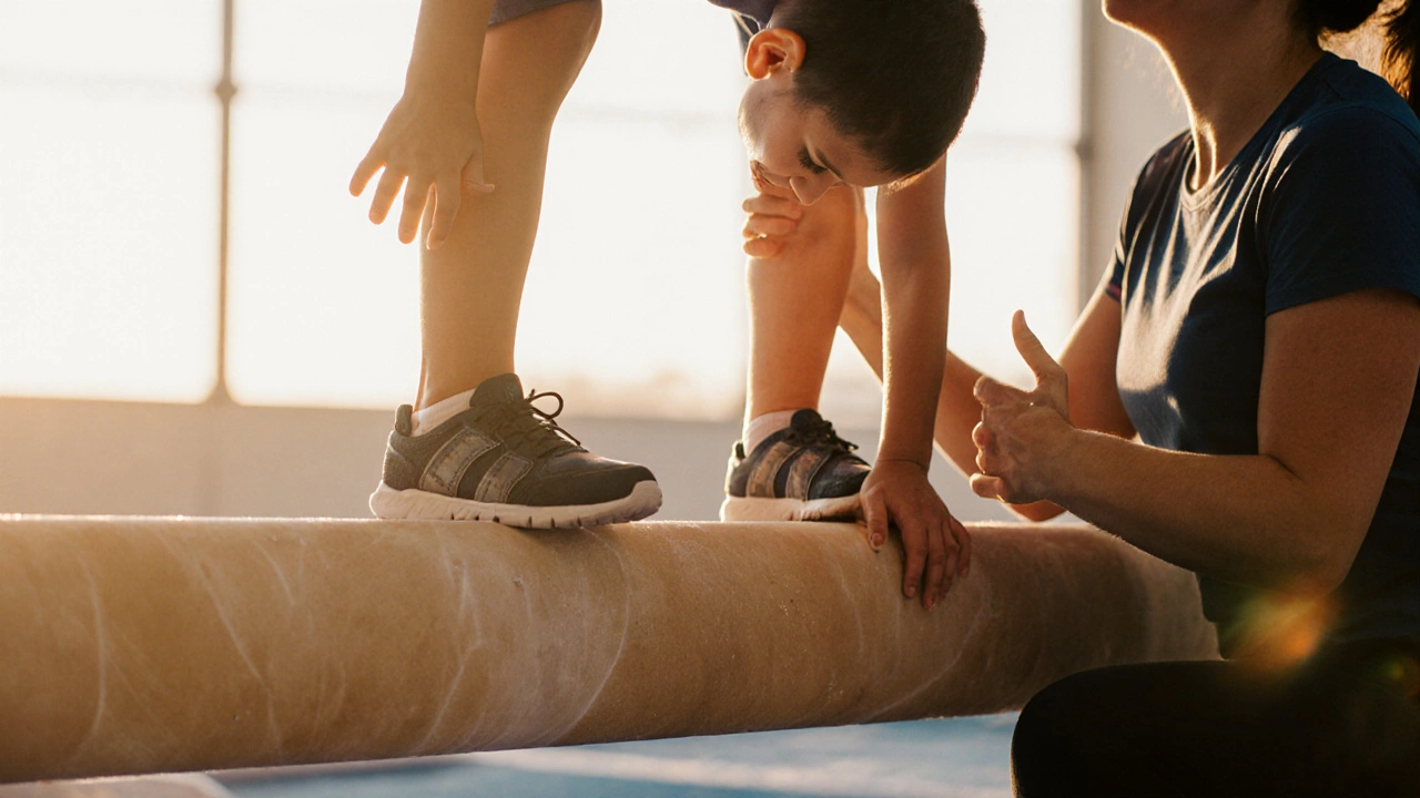 Мальчик улыбается после падения с балки, инструктор стоит рядом с поддержкой.