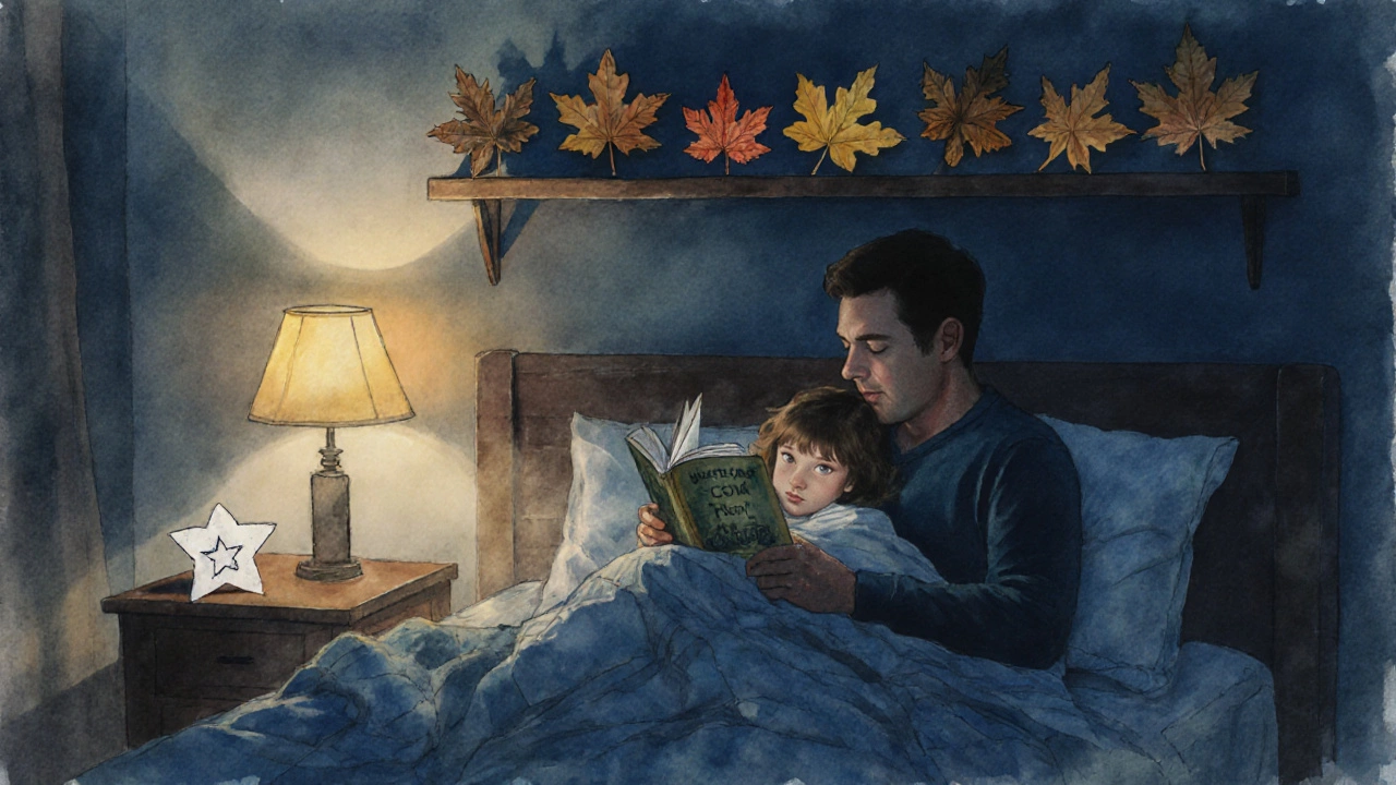 Отец читает сказку ребенку перед сном, в комнате — теплый свет и бумажные листья на полке.