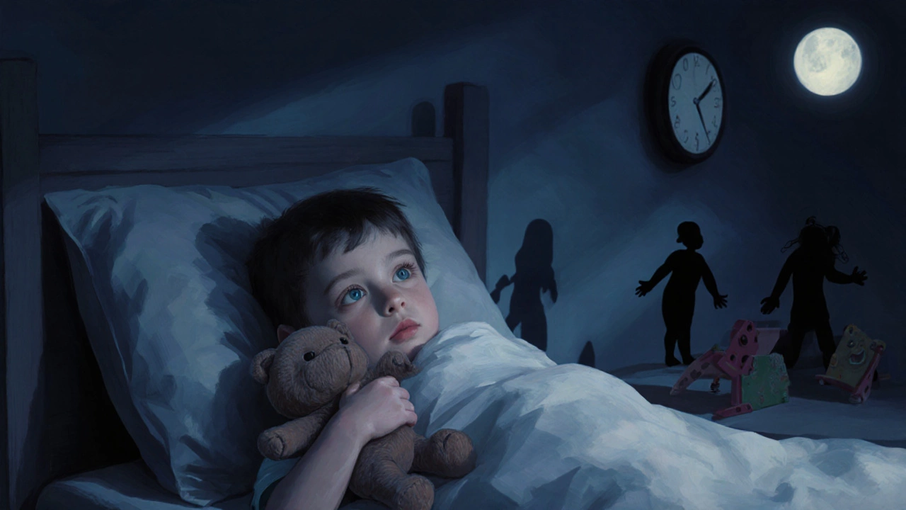Ребёнок бессонной ночью лежит в постели, сжимает игрушку, в комнате тихо.