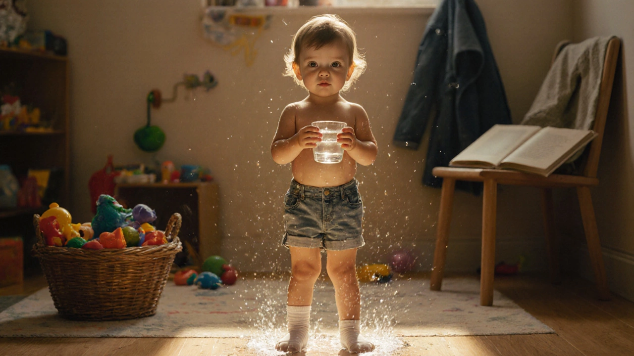 Ребёнок держит кружку с водой, одна носка на ноге, смеётся, стоя в полупрозрачной одежде.