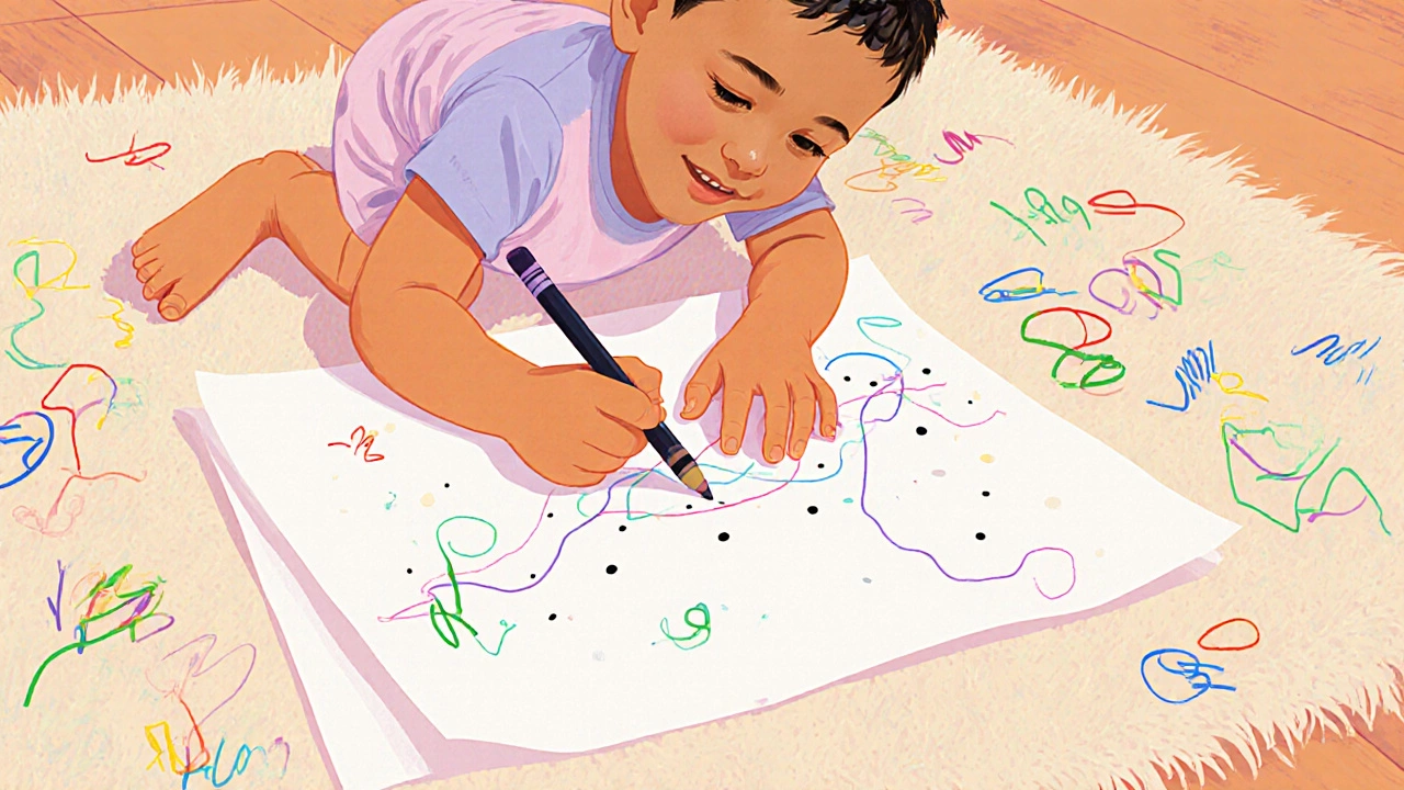 Ребёнок держит мелок пальцами и рисует линии между точками.