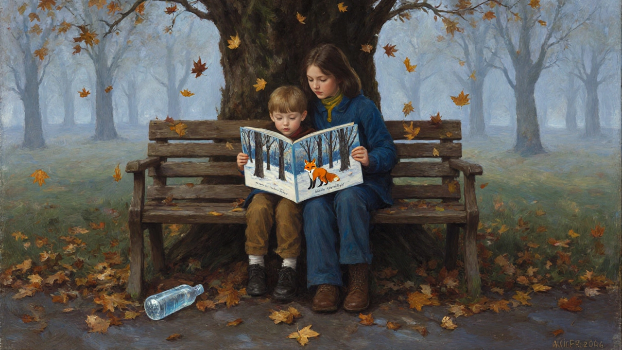 Ребёнок и взрослый читают книгу о лисе под деревом, листья падают вокруг.