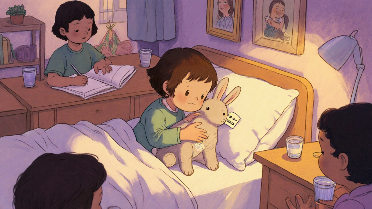 Ребёнок кладёт плюшевого кролика под подушку, заботясь о своём партнёре.