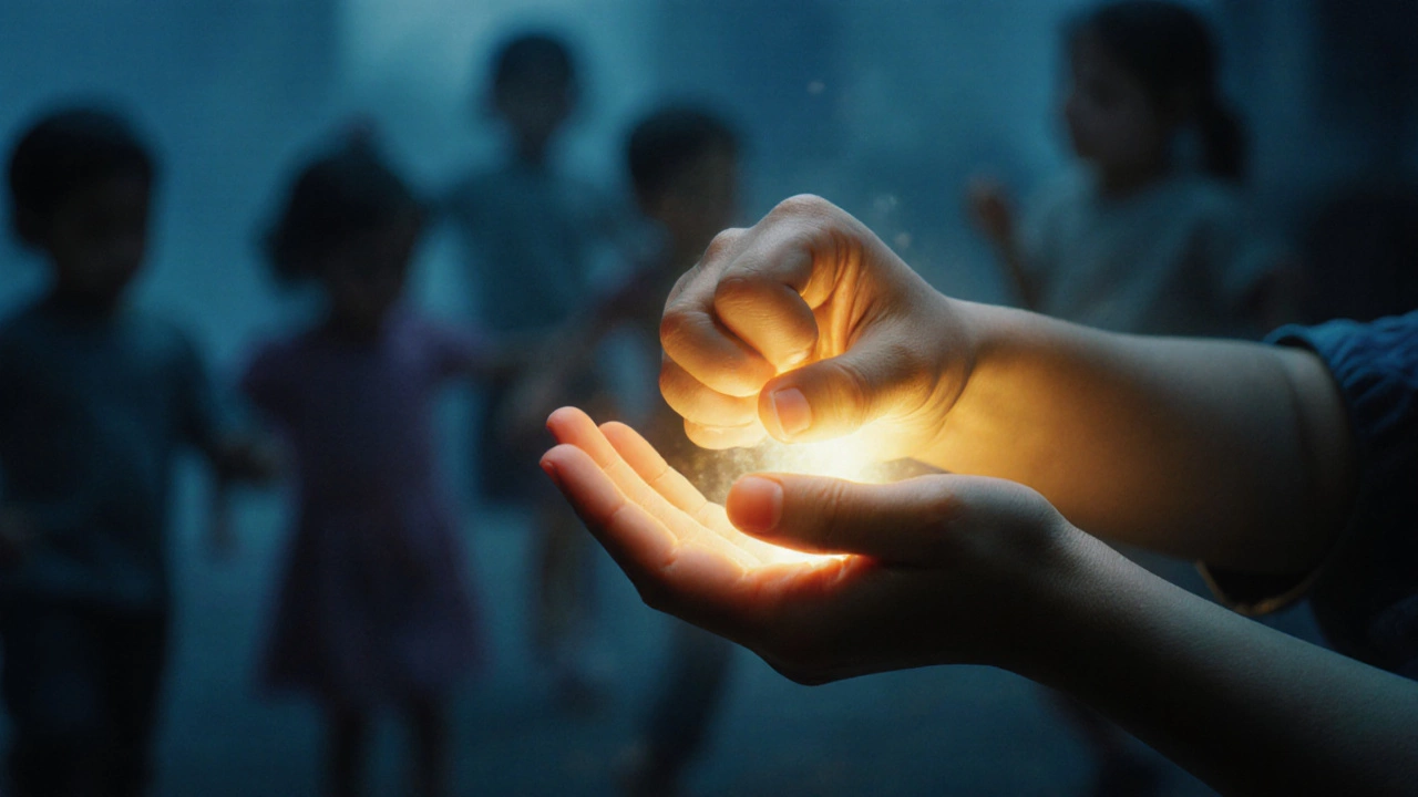 Ребёнок открывает кулак — золотой свет символизирует переход от агрессии к ласке.