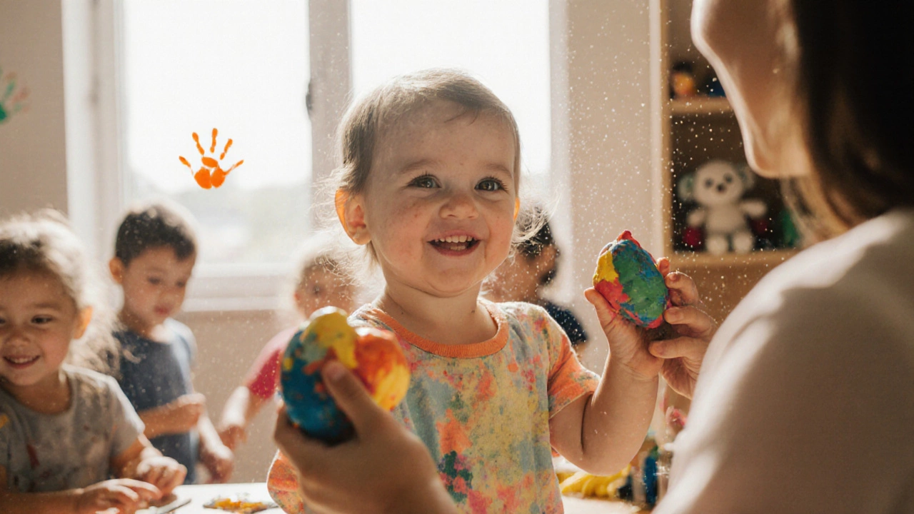 Ребёнок показывает воспитателю свою поделку, улыбается, вокруг — радостная атмосфера.