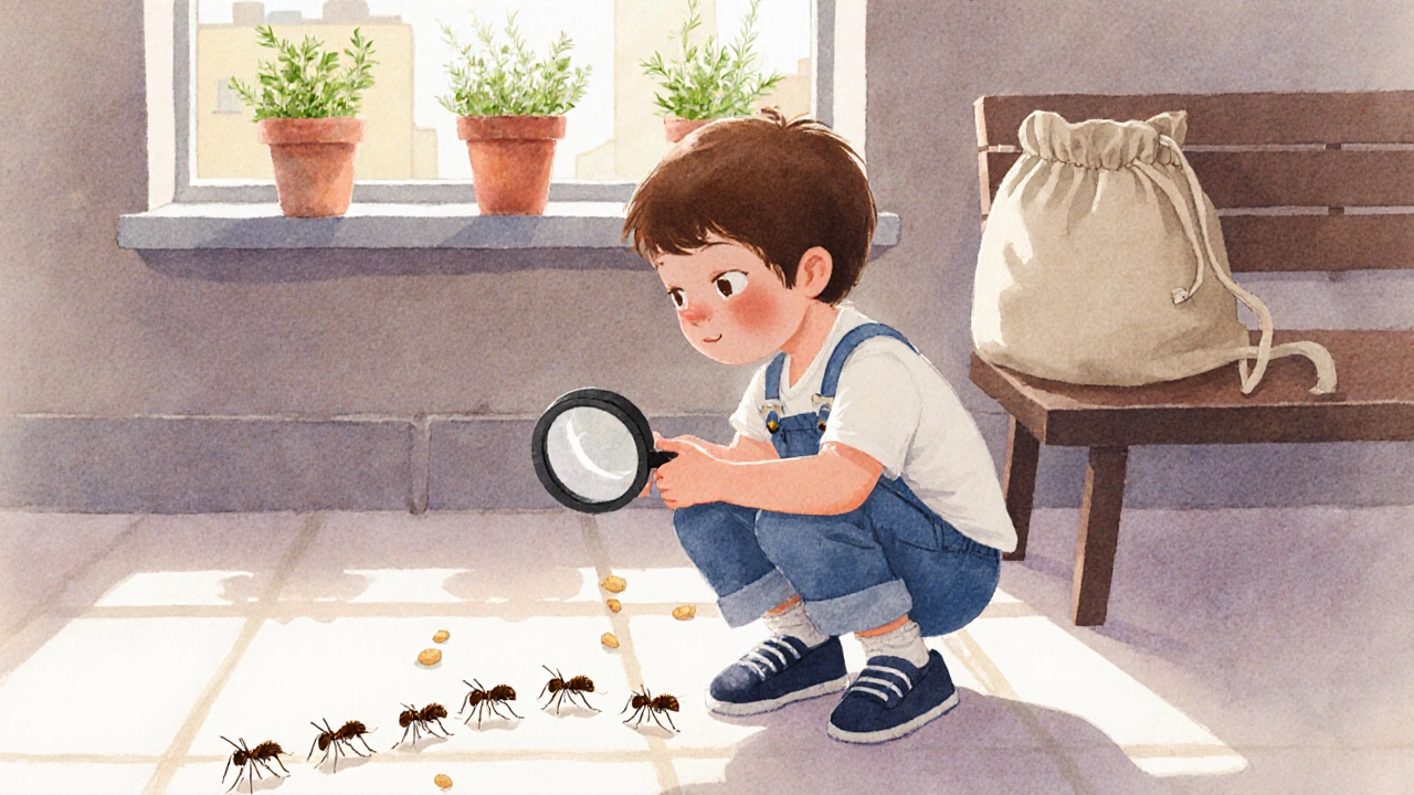 Ребёнок с лупой наблюдает за муравьями на земле в городском дворе.