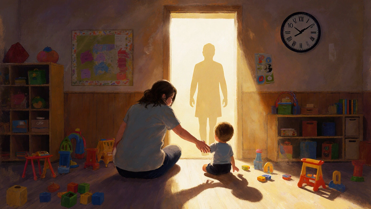 Ребёнок сидит с воспитателем, глядя на уходящую фигуру родителя, солнечный свет и часы с 16:00 на стене.