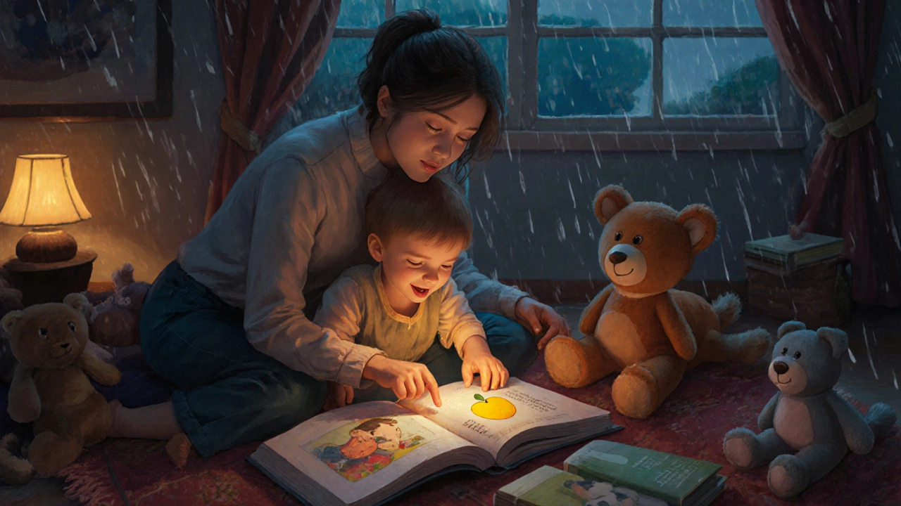 Родитель и ребёнок читают книгу вместе на ковре при тёплом свете.