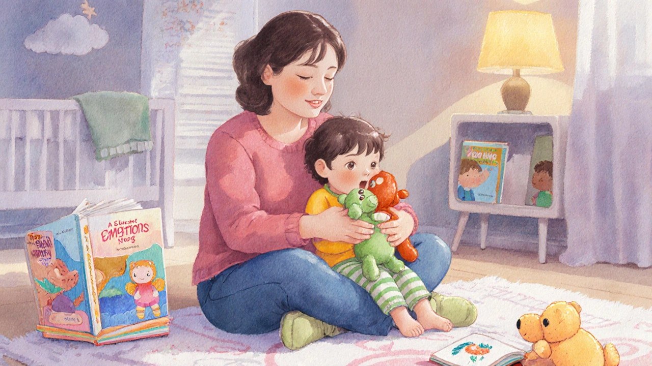 Родитель и ребёнок обнимают игрушки, рядом книги о чувствах, уютная комната.