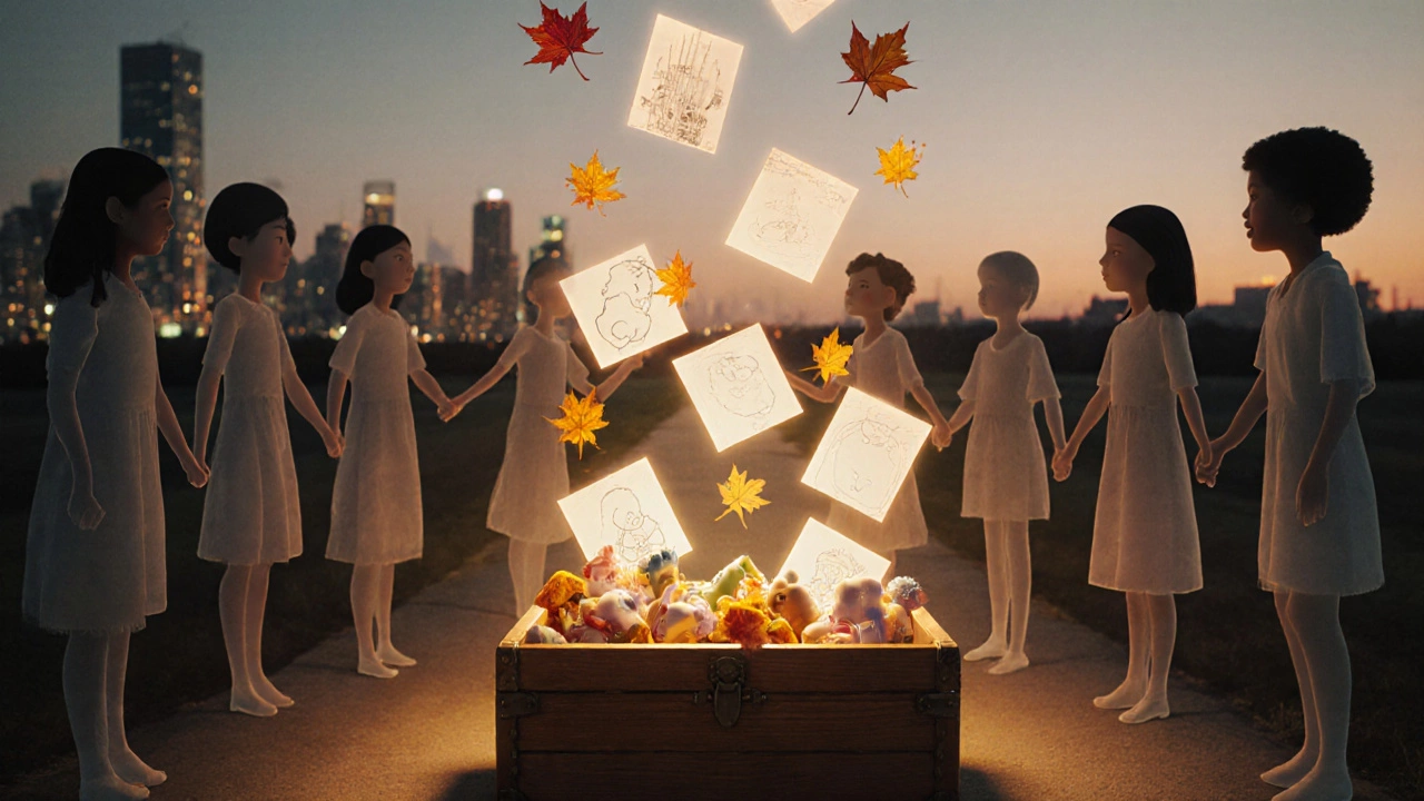 Светящийся сундук с рисунками и игрушками, дети держатся за руки в кругу, за ними светлый путь.