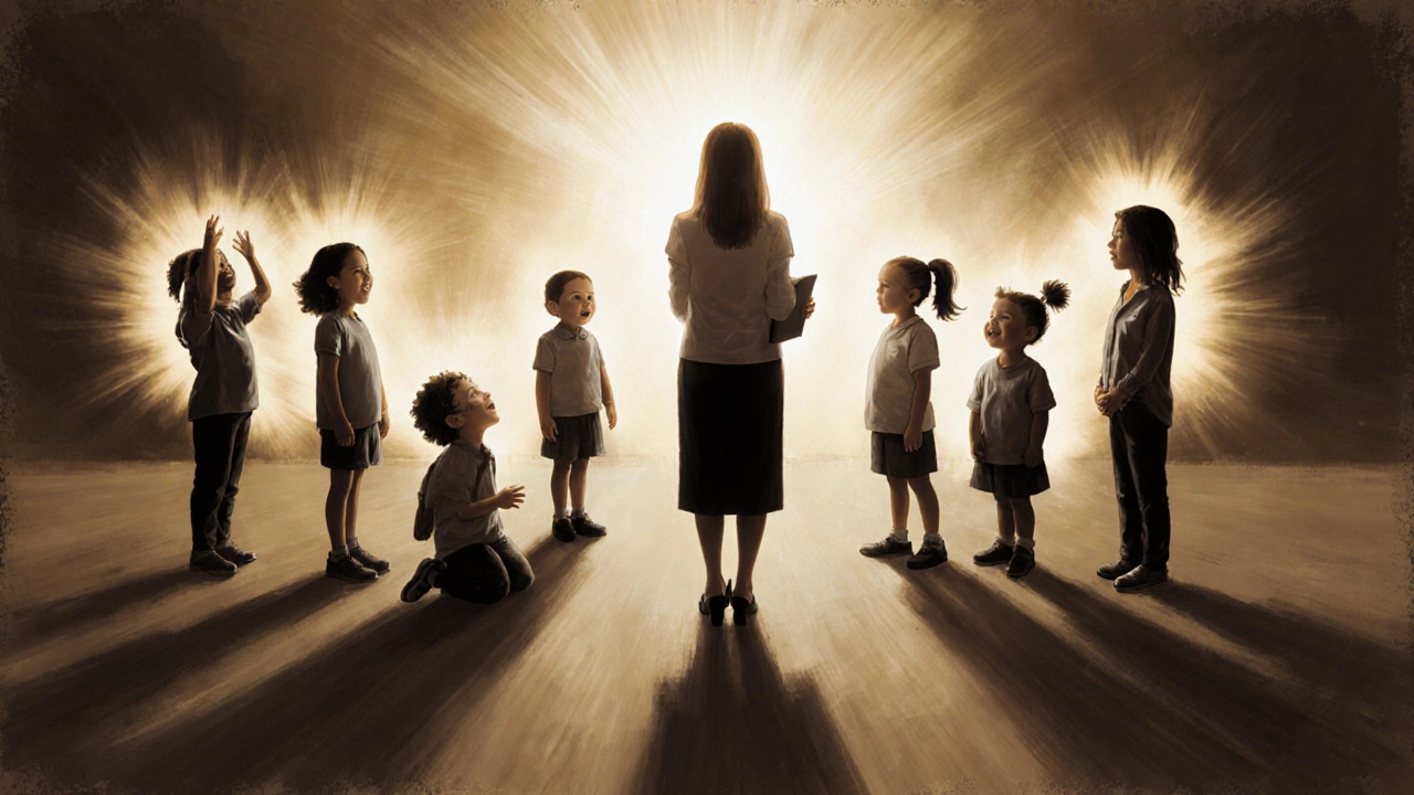 Воспитатель стоит среди детей, каждый из которых выражает свою эмоцию, а воспитатель — источник спокойствия и поддержки.