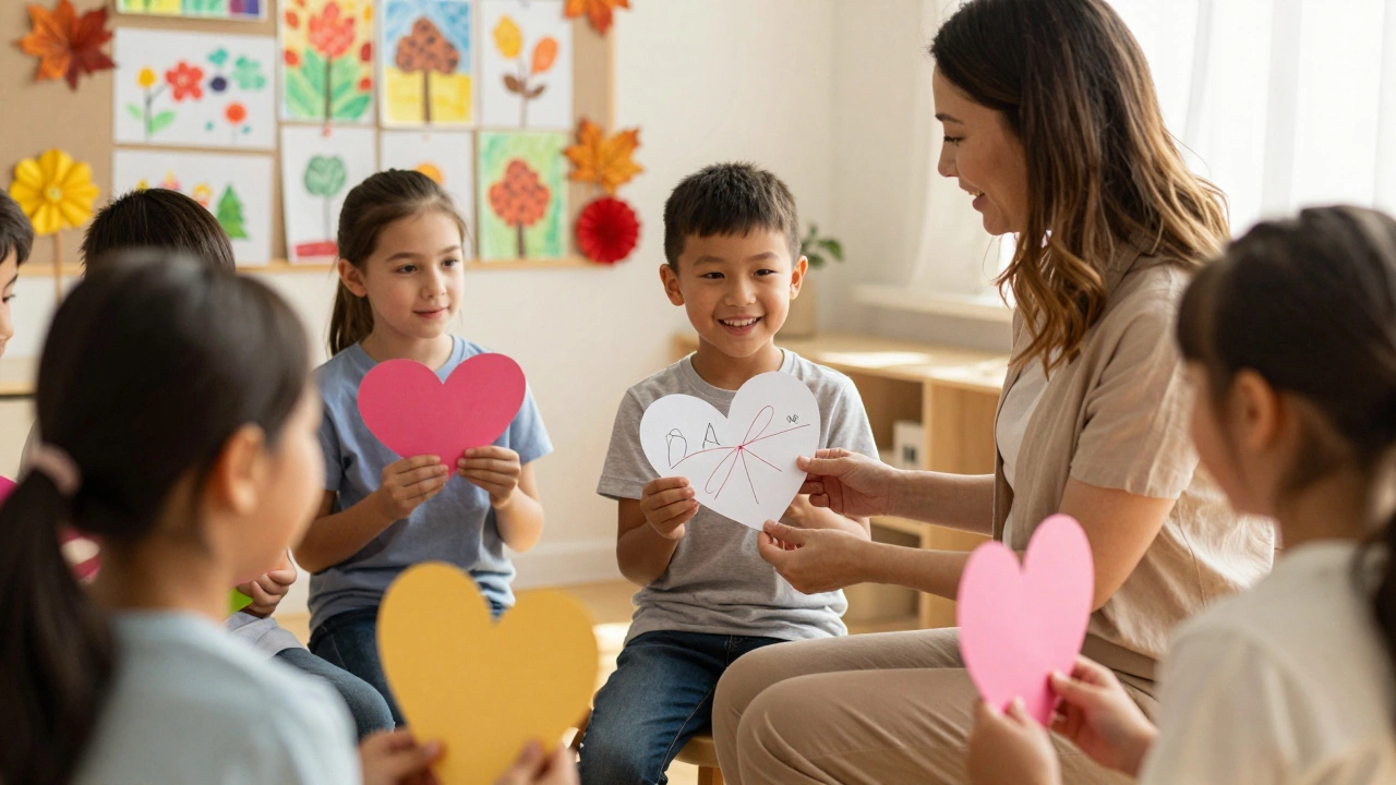 Дети дарят воспитателю нарисованные сердечки в знак благодарности в конце года.