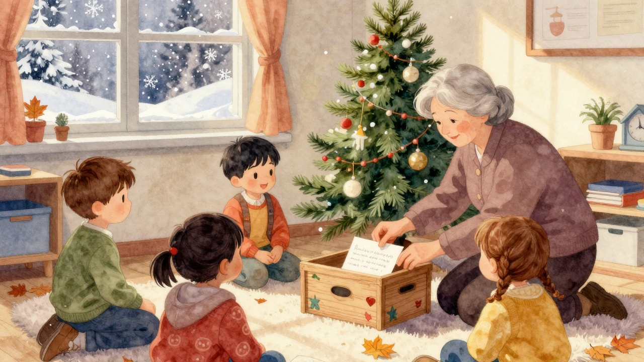 Дети кладут письмо в коробку под ёлкой вместе с бабушкой.