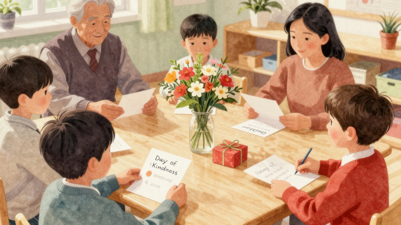 Дети кладут рисунки и цветы на стол для бабушек и дедушек в день доброты.