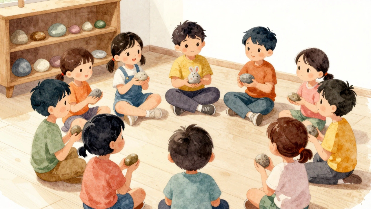 Дети показывают друг другу камешки, которые принесли из дома, сидя в кругу.