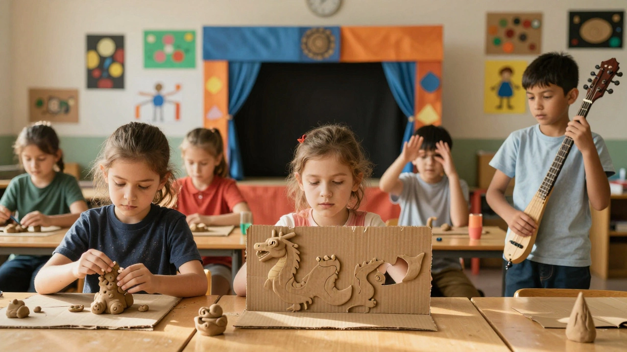 Дети в классе занимаются искусством: лепят, шьют декорации и играют на инструментах.
