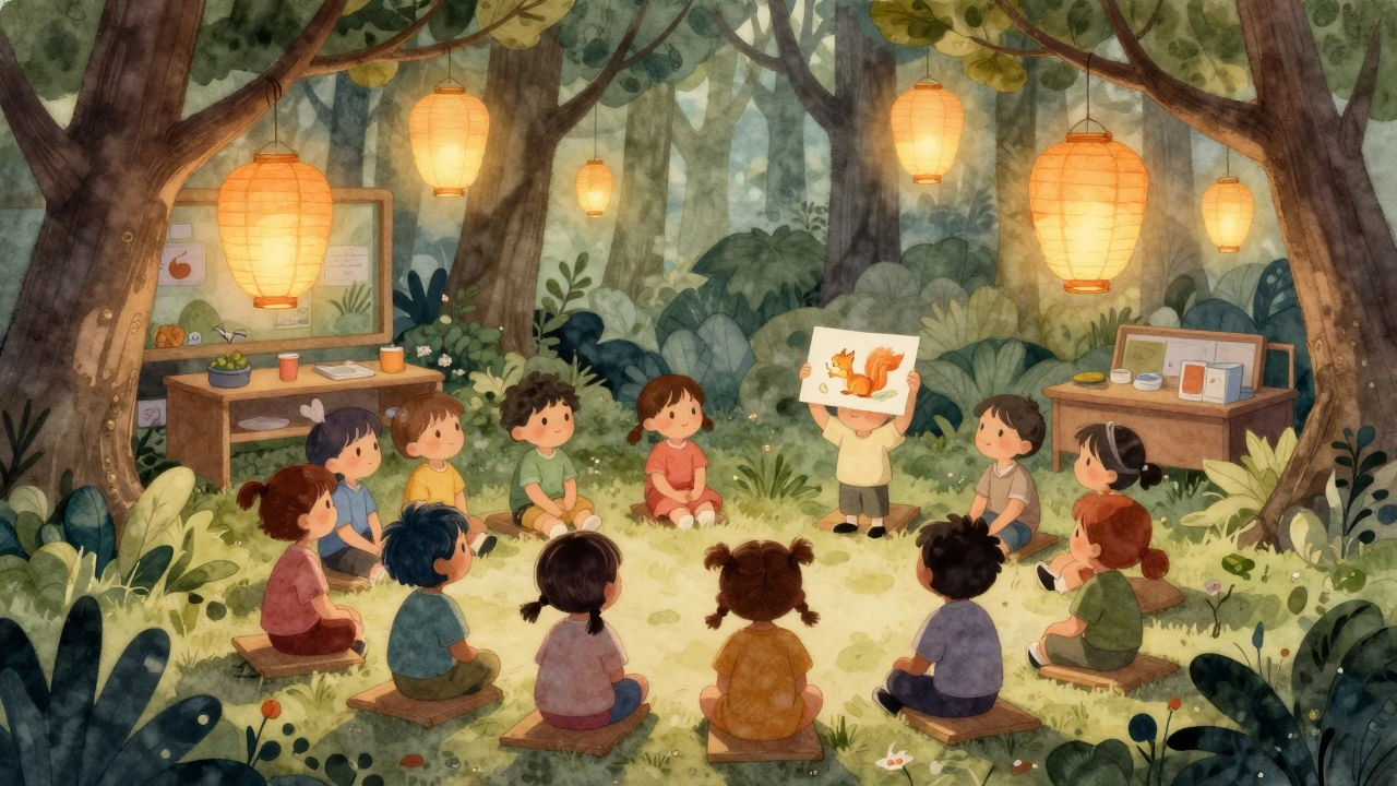 Дети в кругу слушают сказку в волшебном лесу из бумаги и света, тёплый сумеречный свет.