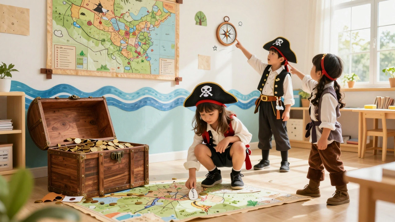 Дети в пиратских костюмах ищут сокровища в украшенной группе.