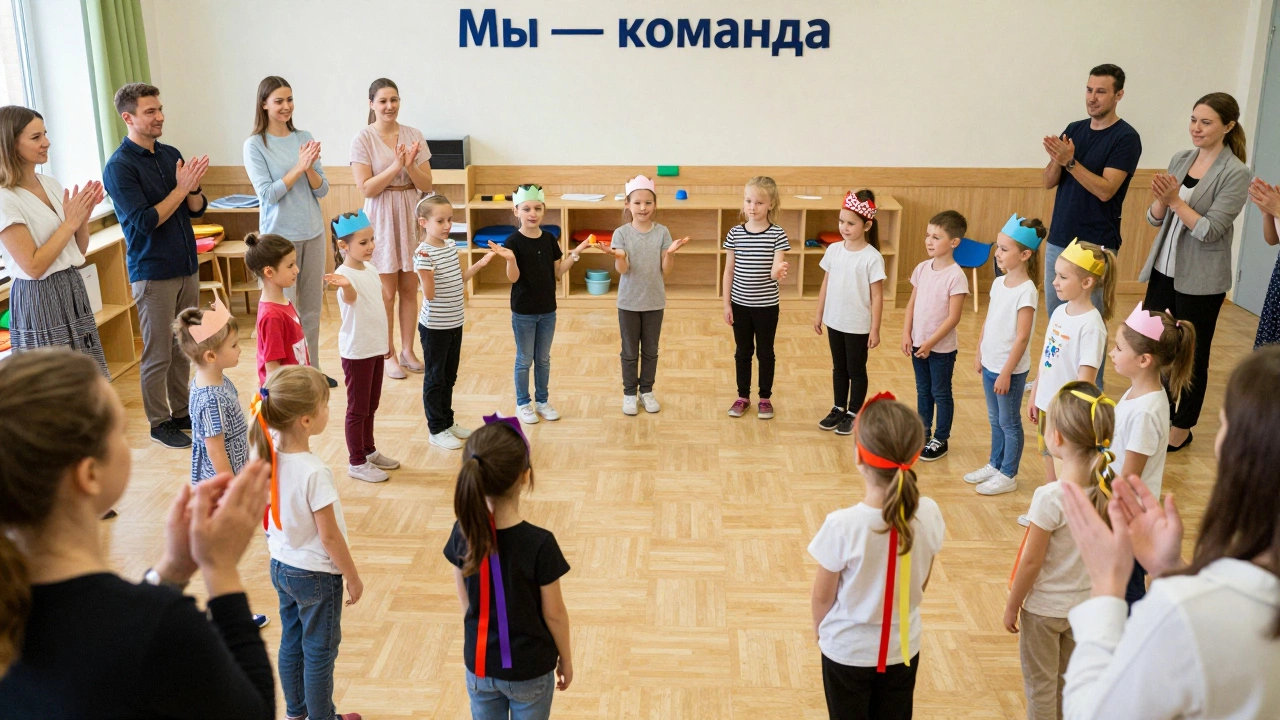 Дети в простых украшенных одеждах стоят в кругу, выполняя групповое выступление на празднике.