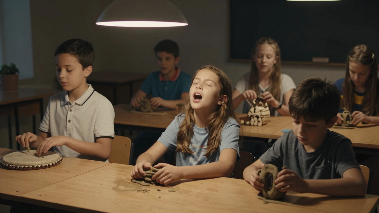 Дети заняты творчеством — поют, лепят, стучат — погружённые в свободное самовыражение.